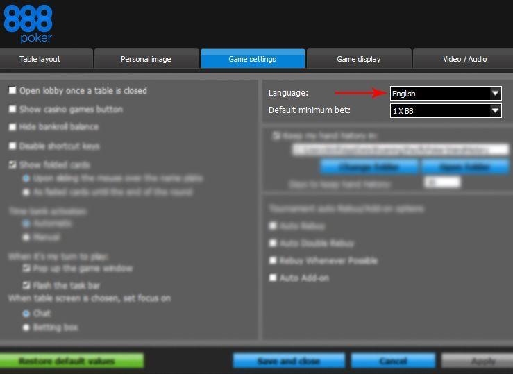 Как поменять язык в 888 Покер на русский