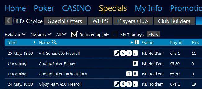 Фрироллы Aff Series €50 Freeroll в лобби William Hill Poker