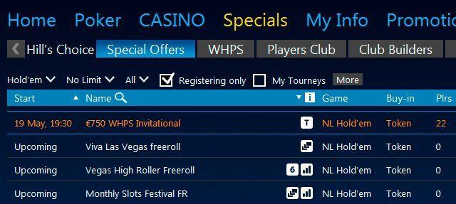 Турниры €750 WHPS Invitational в лобби William Hill Poker