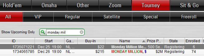 Турнир Monday Million в лобби PokerStars